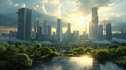 Poster - A futuristic urban landscape featuring carbon-neutral business solutions with solar panels, wind turbines, and energy-efficient skyscrapers, surrounded by green foliage and a glowing atmosphere.