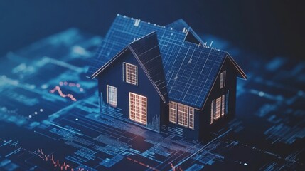 Poster - Modern House Model with Solar Panels on Digital Background