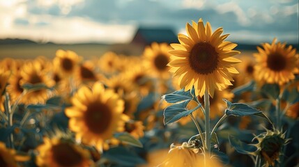 Poster - Sunflowers. tall sunflowers in the golden fields. in the golden light of the setting sun.
