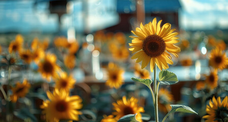 Poster - Sunflowers. tall sunflowers in the golden fields. in the golden light of the setting sun.