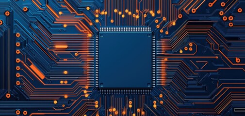 Fototapete - technology cybersecurity trends concept. A close-up of a microchip on a circuit board, featuring intricate blue and orange pathways, representing advanced technology and digital design.