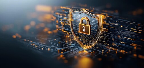 Fototapete - technology cybersecurity trends concept. A digital representation of cybersecurity, featuring a glowing shield with a lock symbol against a backdrop of data streams.