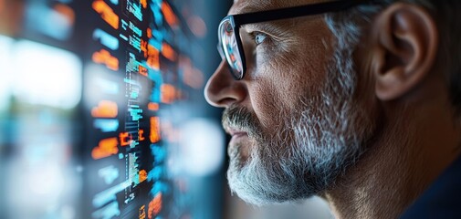 Aufkleber - technology cybersecurity trends concept. A focused man analyzes digital data on a screen, showcasing a blend of technology and contemplation.