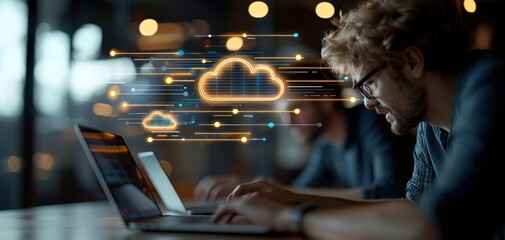 Fototapete - technology cybersecurity trends concept. A focused individual working on a laptop, with digital cloud graphics and data connections in the background, symbolizing cloud computing and technology.