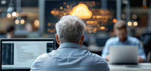 Leinwandbilder - technology cybersecurity trends concept. A person working on a laptop in a modern office, focused on cloud computing with digital data graphics in the background.