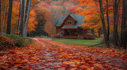 Poster - A autumn with vibrant red, orange, and yellow leaves covering trees along a narrow path. The path leads to a charming house with a green roof, nestled in the midst of the colorful forest.