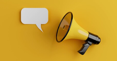 Aufkleber - 4k Resolution Video: Yellow Megaphone with Empty Speech Clouds Chat Bubble Appears on a Yellow Background
