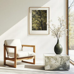 Poster - Creating a bright and modern minimalist space with a marble table and artistic decor in a cozy living room