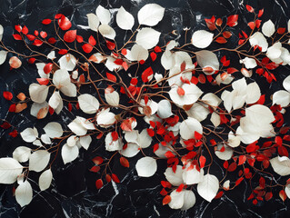 Poster - Exploring contemporary floral motifs with red accents on pale leaves in a dark environment for artistic inspiration