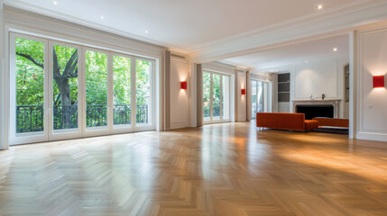 Poster - Designing a contemporary open plan space elegant terracotta furniture and herringbone oak floors against bold red walls