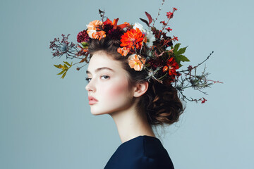 Poster - Fashion editorial shoot with flower headdress urban studio mixed media contemporary aesthetic side profile dusty rose and crimson navy dress concept