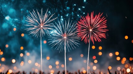 Poster - Crowd watching fireworks lighting up night sky on new year's eve