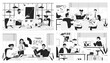 © The img - Teamwork meetings black and white line illustrations set. Multicultural team 2D characters monochrome backgrounds. Briefing coworkers. Collaboration colleagues outline scenes vector images collection