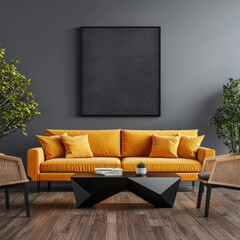 Poster - Create a cozy living room interior design mockup featuring a yellow plush sofa and modern cane chair against an empty wall frame