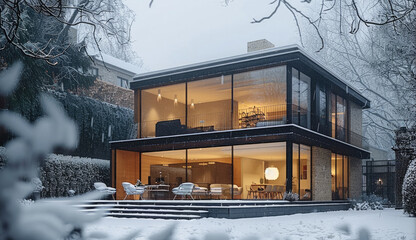 Poster - A house extension under the snow, modern architecture on a snow day.