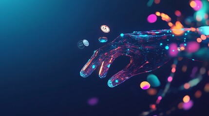 Poster - Digital hand reaching for floating coins in a futuristic, vibrant environment at night