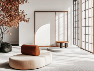 Poster - Creating a minimalist interior poster mockup with soft textiles in a bright inviting space for design inspiration