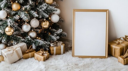 Wall Mural - A beautifully adorned Christmas tree stands next to a blank frame, surrounded by neatly stacked wrapped gifts. The elegant gold and silver theme creates a festive atmosphere