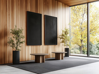 Poster - Creating a minimalist room setup with black frame template sculptural side tables wood paneling and artwork for a serene living space