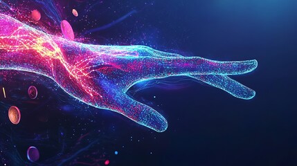 Poster - Digital illustration showcasing a vibrant, glowing hand reaching out against a cosmic backdrop filled with colorful particles and energy