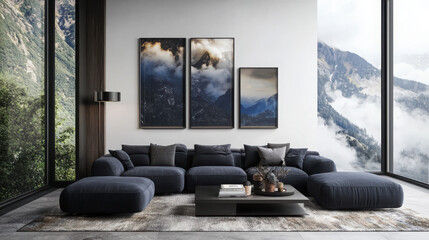 Poster - Create a modern gallery wall with black frame arrangement cloud sofa sculptural decor in a natural setting for a stylish home environment