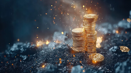 Poster - Visualizing monetary growth stacked gold coins and metallic upward trend in a dark environment
