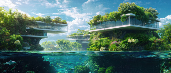 Poster - Architectural visualization of an underwater office integrating marine life in a futuristic city