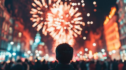 Man watching fireworks exploding above a lively street party on new year's eve