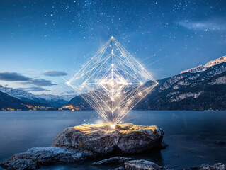 Poster - Celestial dance of sacred geometry snowflakes under cosmic night sparkle tranquil lake digital artwork enchanting landscape mystical perspective