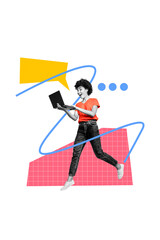 Poster - Vertical poster collage young woman laptop digital device internet communication speech freelancer checkered background