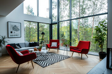 Poster - Enhancing scandinavian living spaces with red accent chairs modern interiors home design inspiration natural light minimalist aesthetic