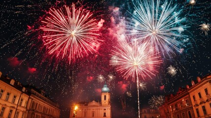 Poster - Fireworks illuminating historic city square on new year's eve