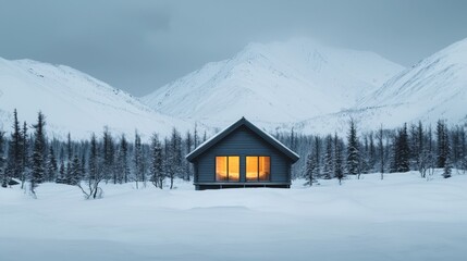 Poster - Cozy wooden cabin glowing in snowy mountain valley at dusk