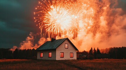 Poster - Cozy cabin illuminated by festive fireworks on new year's eve