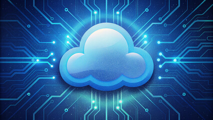 Poster - Glowing digital cloud icon hovering above intricate circuit patterns in vibrant blue and white colors