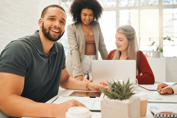 Poster - Happy, businessman and meeting with team for project, design or creative development at office. Man, employee or designer with smile or documents for planning, ideas or startup together at workplace
