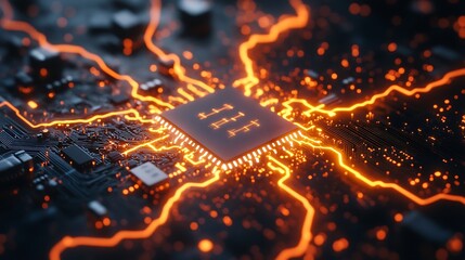 Poster - Glowing electric lines radiate from a circuit board chip in a technological display of advanced electronics