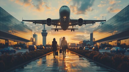 Poster - The plane flew over the heads of business people.