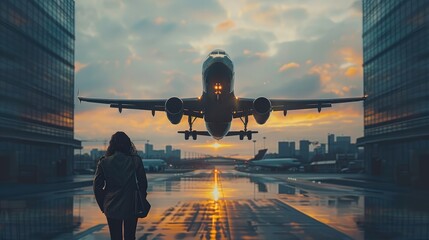 Poster - The plane flew over the heads of business people.