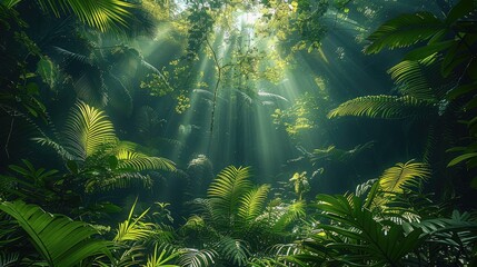 Poster - Depict a dense tropical rainforest with vibrant green trees, rays of light streaming through the canopy, and the rich diversity of plants.