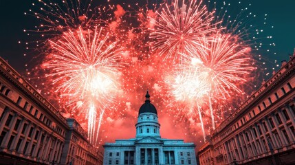 Poster - Fireworks exploding over state capitol building during new year's eve celebration