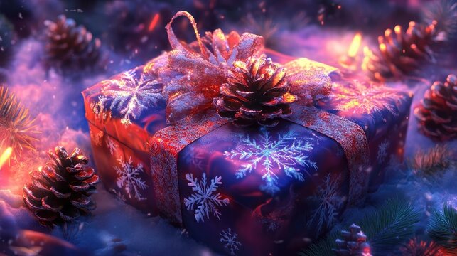 Wrapped Christmas gift with snowflakes and pine cones
