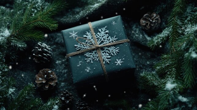 Wrapped Christmas gift with snowflakes and pine cones