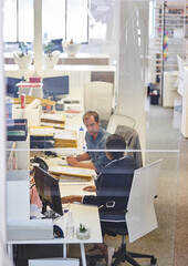 Poster - Business people, folders and discussion with computer at office for collaboration, project or teamwork. Businessman, woman or colleagues working together on technology with documents or paperwork