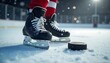 © Chaudhry - A hockey player's skates and a hockey puck on an ice rink during a snowy day, Ice hockey players in action, winter season created with generative ai