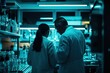 © AlAfiq - Scientists Engaged in Discussion in a Dimly Lit Laboratory Surrounded by Glassware and Equipment during Research and Experimentation