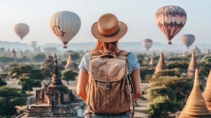 Poster - Woman gazing at hot air balloons