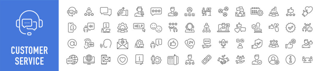 Poster - Customer service web icon set in line style. Support, help, online, feedback, assistance, collection. Vector illustration.