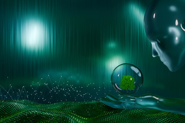 Poster - A futuristic figure holds a glowing orb with a tree, symbolizing innovation and technology in a digital landscape. 3D rendering