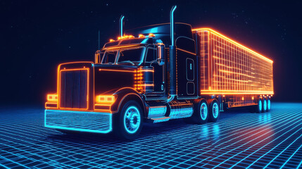 Fototapete - holographic semi truck with glowing neon lights on grid background